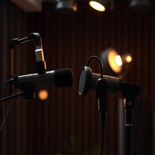 A voice-over artist speaking into a microphone in a soundproof booth during a voice-over recording session