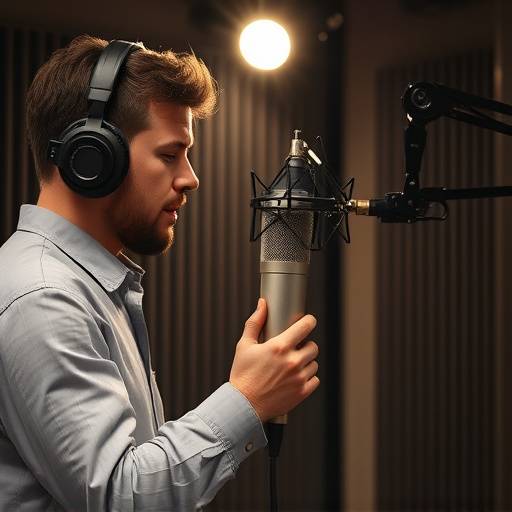 An audio engineer adjusting settings on a microphone in a recording booth during an audio engineering session
