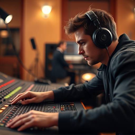 Close-up of a sound engineer working on a mixing console during a music production session