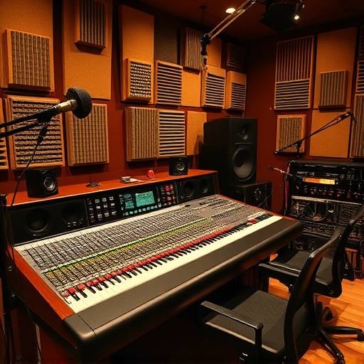 Interior of Studio A, showcasing a Neve console, vintage microphones, and acoustic panels