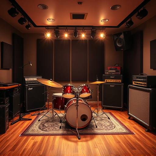 Studio B's live room, showcasing a drum kit and various amplifiers
