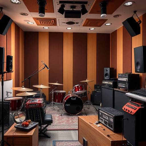 Studio B's spacious live room showcasing a drum kit, various amplifiers, and state-of-the-art recording equipment