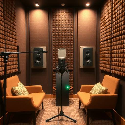 Vocal booth in Studio C, equipped with a Neumann microphone, comfortable seating, and acoustic treatment